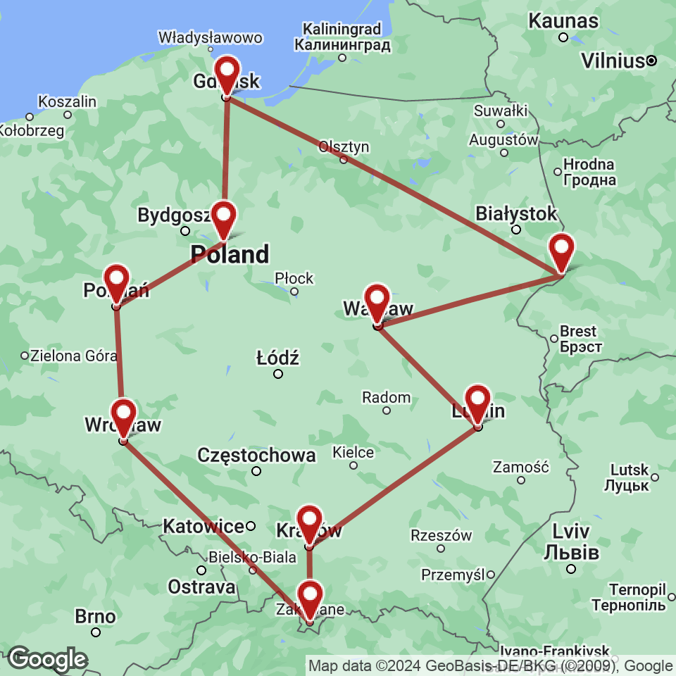Route for Warsaw, Bialowieza, Gdansk, Torun, Poznan, Wroclaw, Zakopane, Krakow, Lublin, Warsaw tour